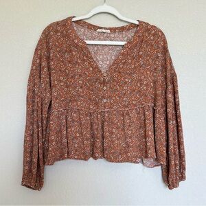 Promesa Orange Floral Babydoll Flowy Cropped Long Sleeve